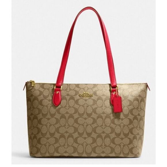 🔥🎁NWT! Coach Gallery Tote Handbag Khaki/Electric Red Msrp:$378.00 - Picture 1 of 12
